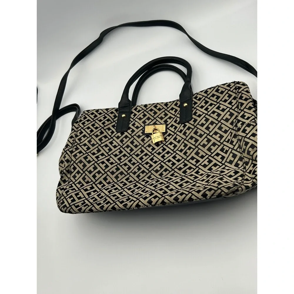 Tommy Hilfiger Monogram Satchel Bag Black Tan Jacquard Crossbody Gold Lock